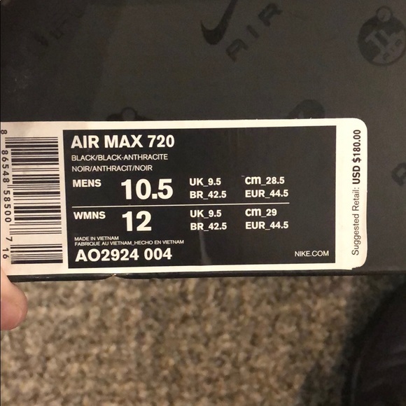 NIKE Airmax 720 All Black Size 10.5 - Picture 4 of 4